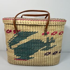 Vintage 1960s Large Straw Woven Storage Picnic Basket Bag With Handles